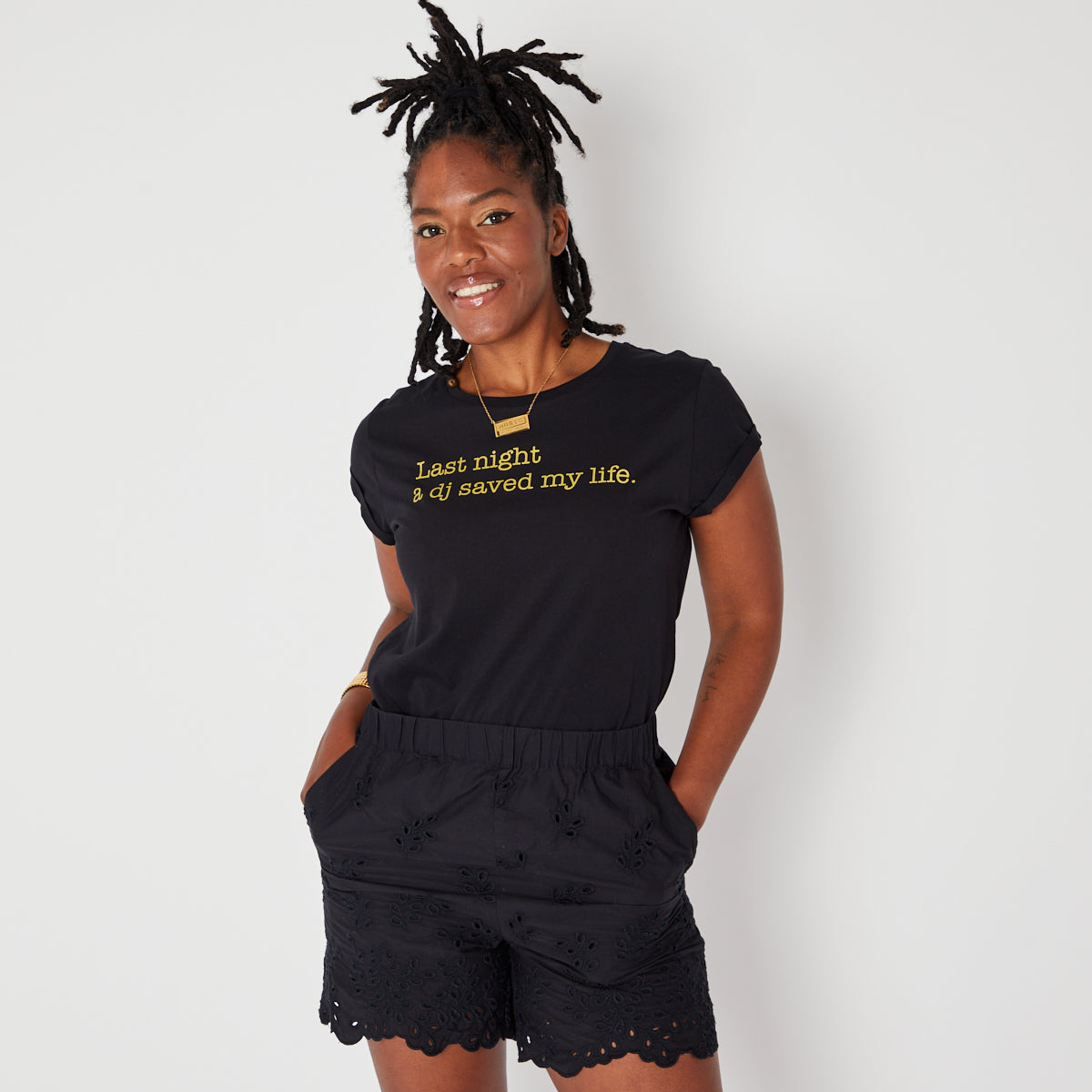 Last Night A DJ Saved My Life Candi Tshirt Black & Gold – Disko Kids