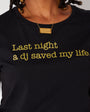 Last Night a DJ Saved My Life Womens Black and Gold Tshirt Disko Kids