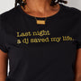 Last Night a DJ Saved My Life Womens Black and Gold Tshirt Disko Kids