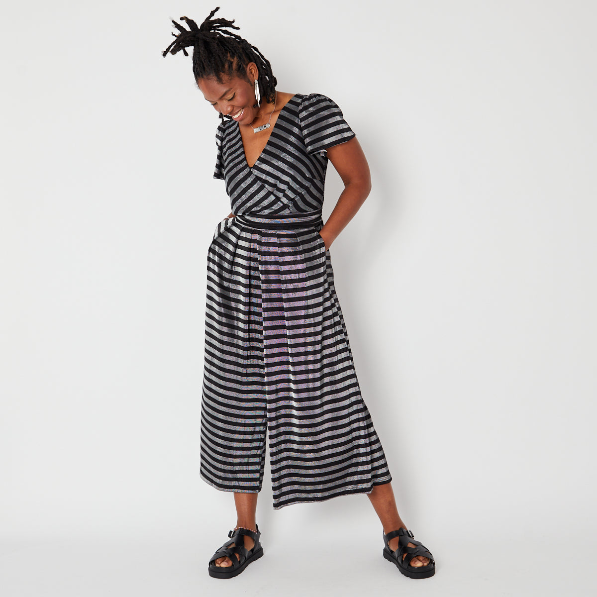 Black & Silver Metallic stripe jumpsuit - Disko Kids
