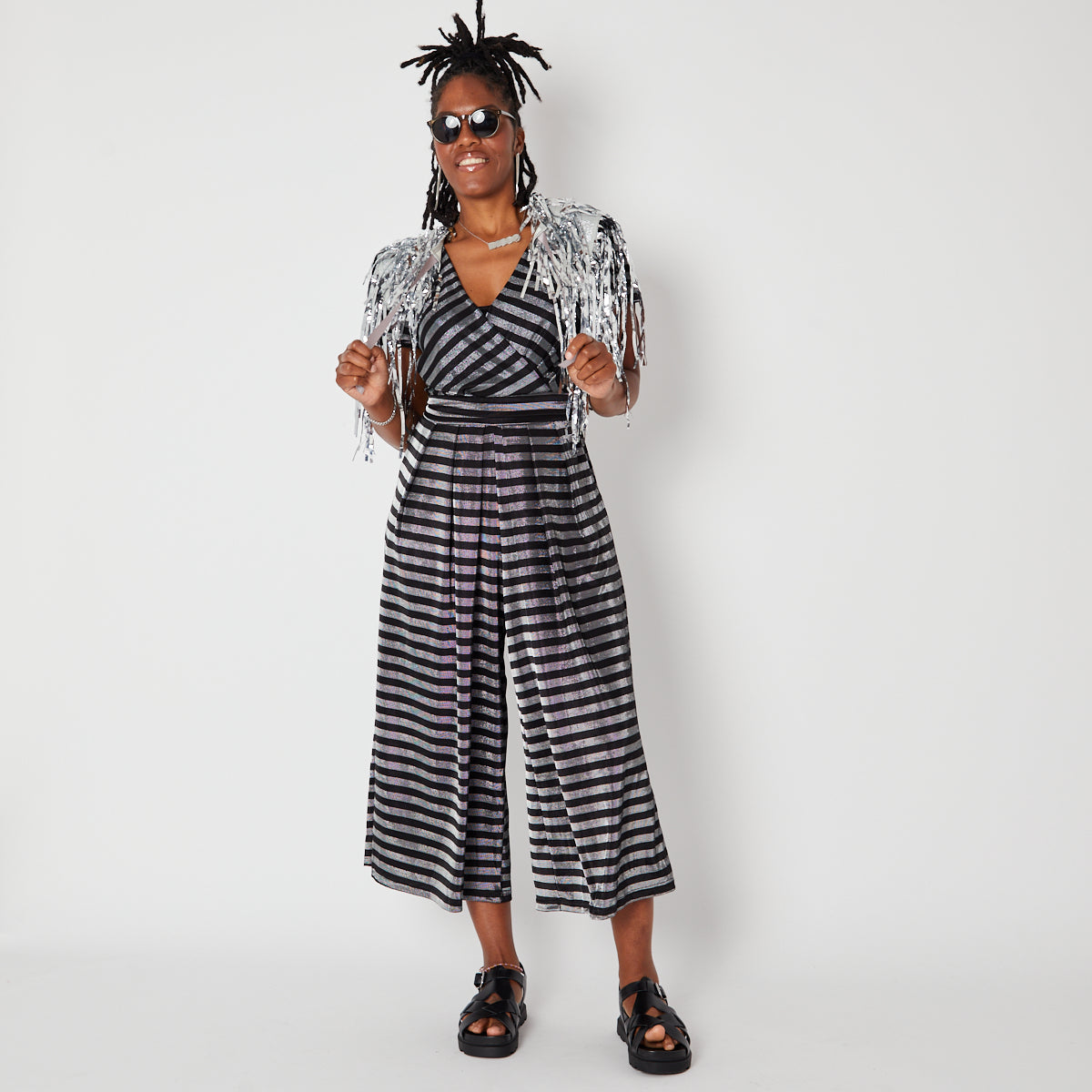 Metallic Black & Silver Striped Jumpsuit