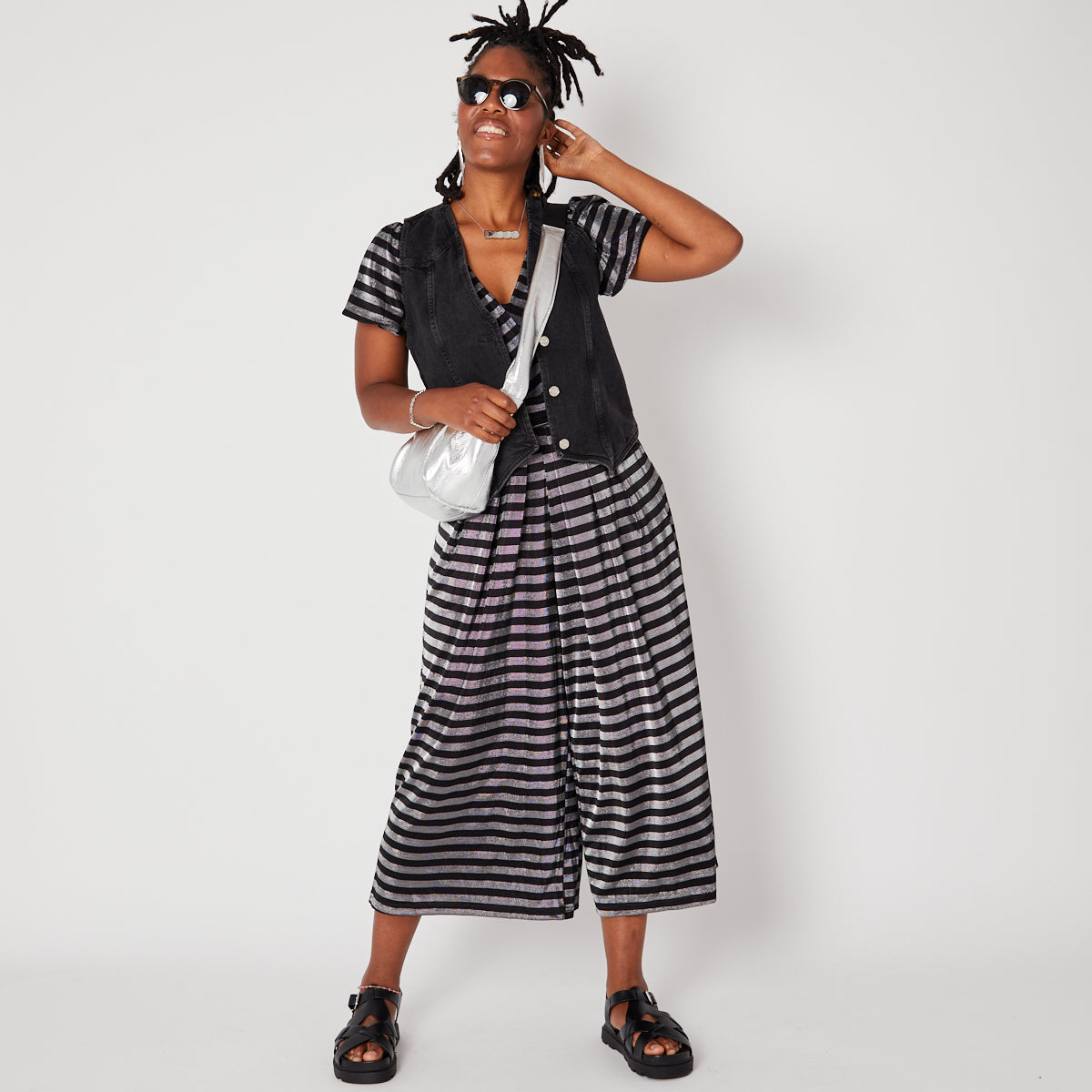 Metallic Black & Silver Striped Jumpsuit