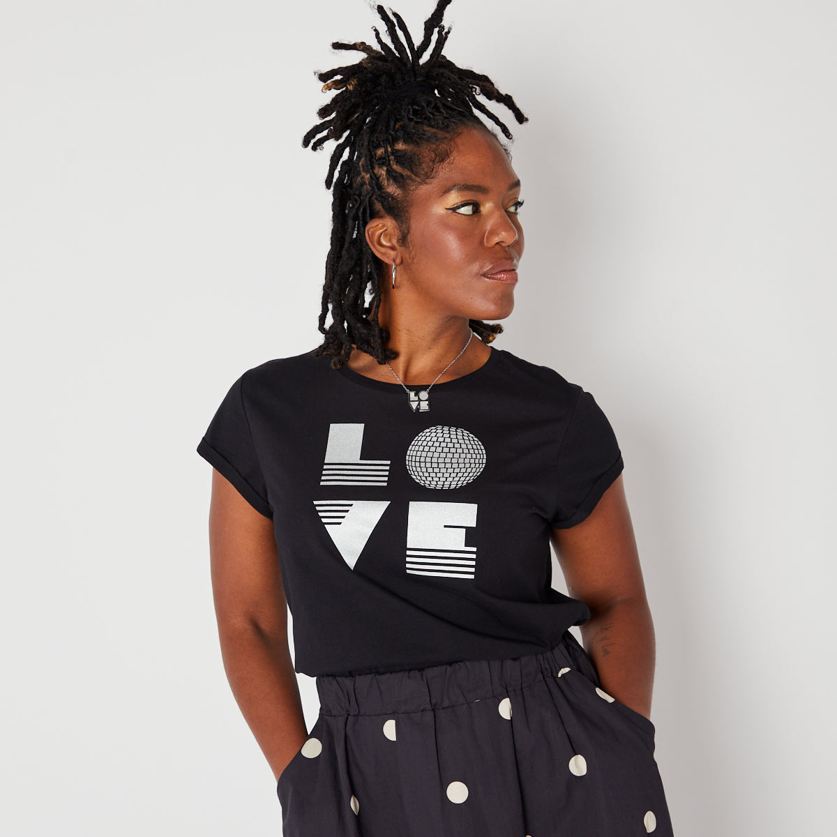 Womens black tshirt with silver 'LOVE' disco ball print - Disko Kids