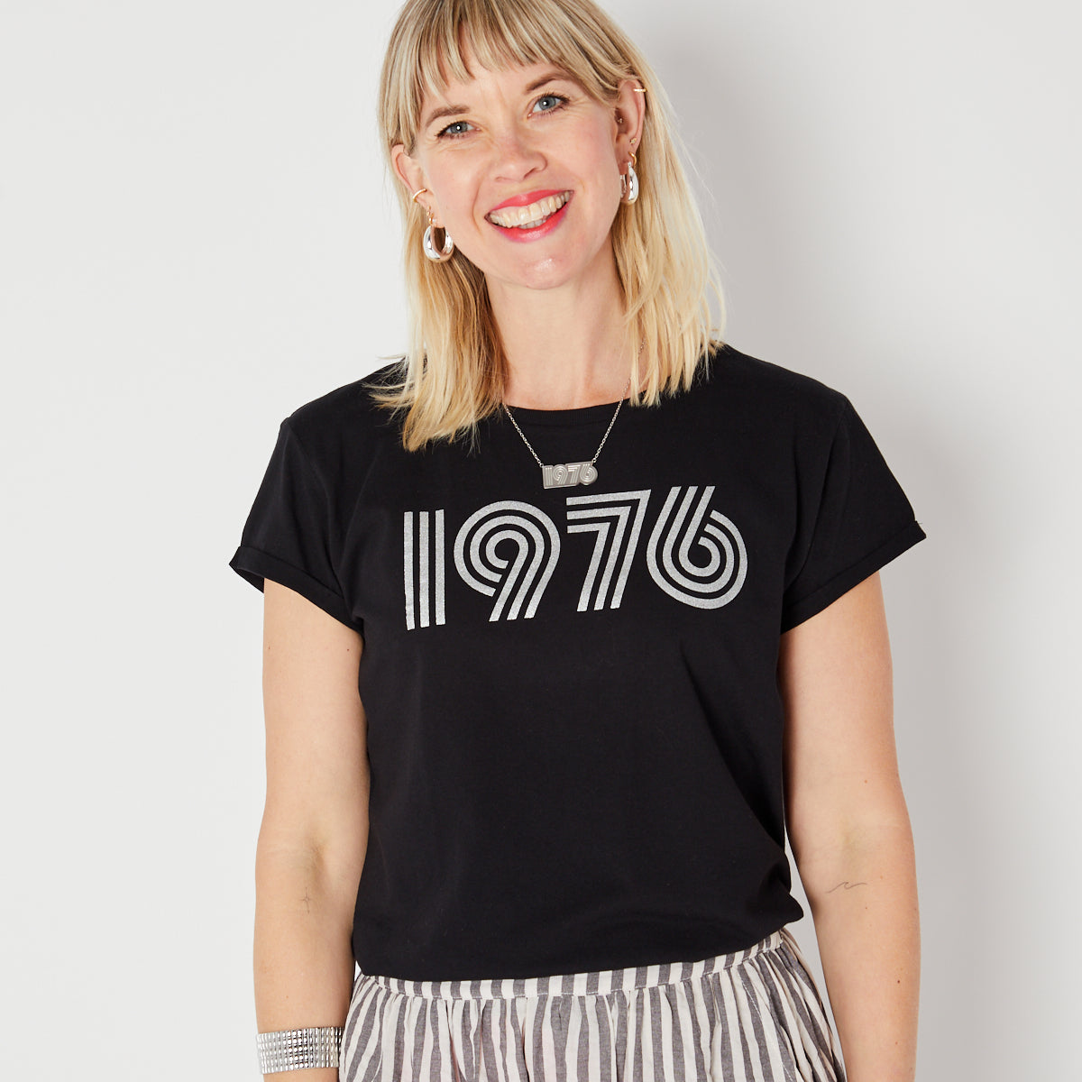 Womens 1976 black tshirt with silver print - Disko Kids