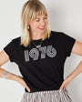 Womens 1976 black tshirt with silver print - Disko Kids