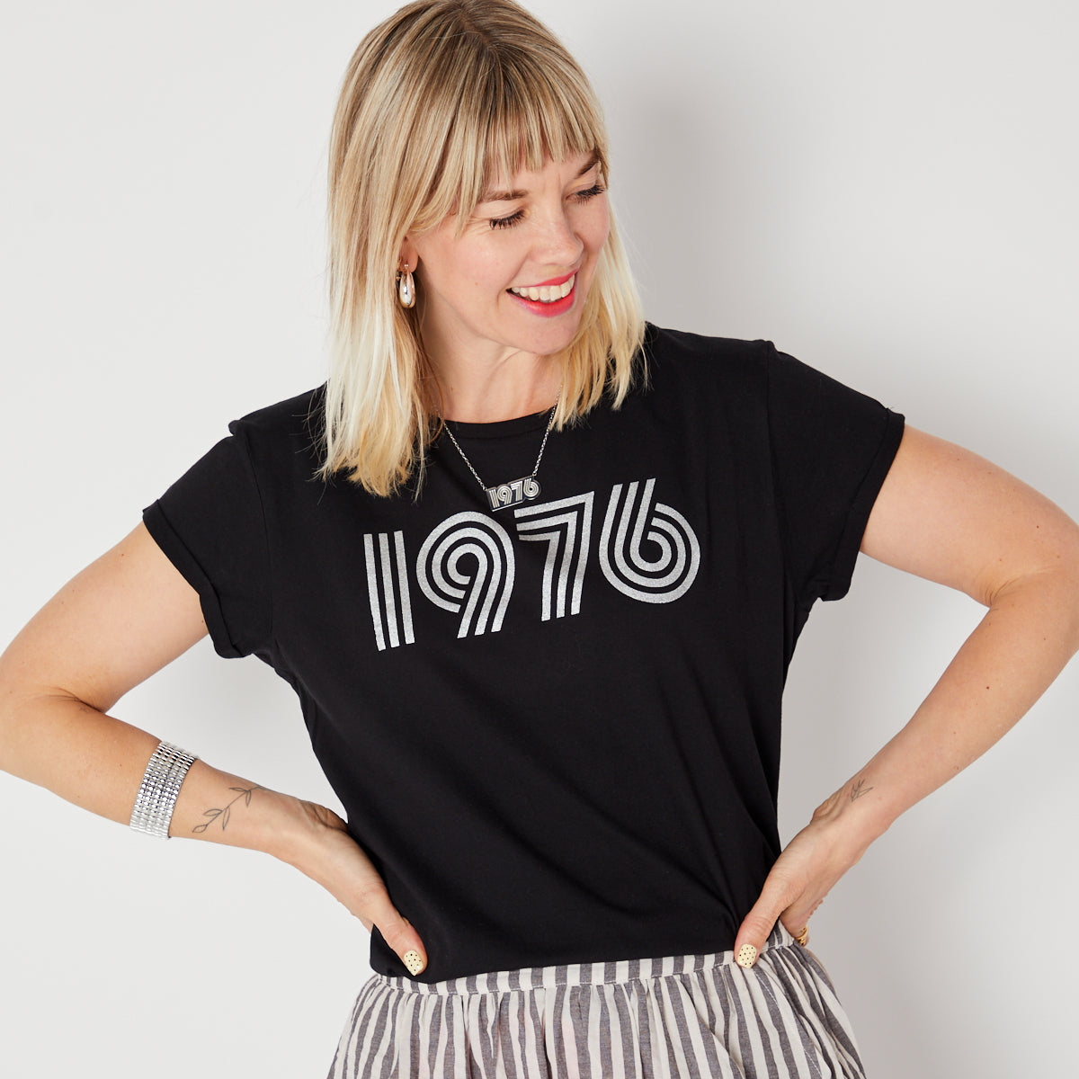Womens 1976 black tshirt with silver print - Disko Kids