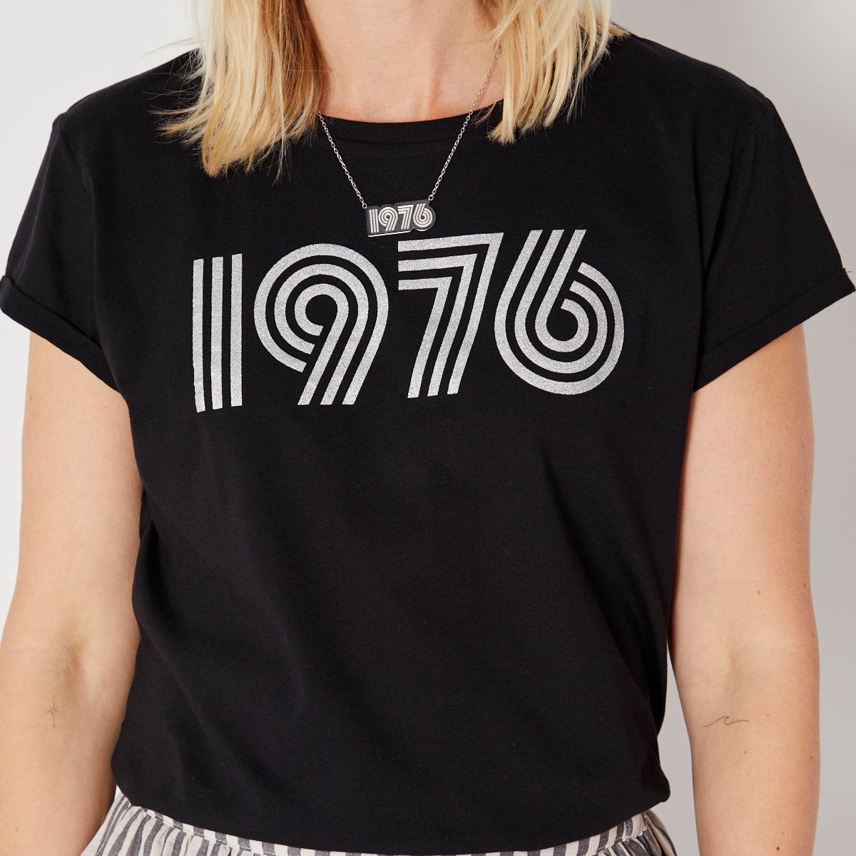 Womens 1976 black tshirt with silver print - Disko Kids