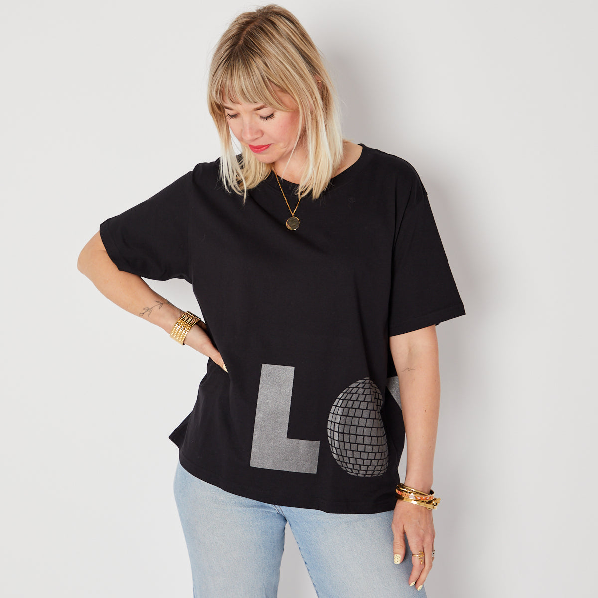 Womens black tshirt with Love design disco ball disko kids