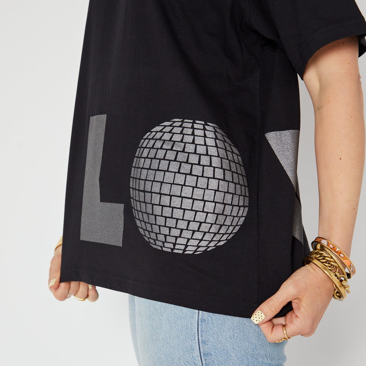 Womens black tshirt with Love design disco ball disko kids