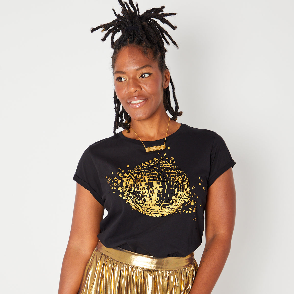 Womens black tshirt with gold discoball design - Disko Kids