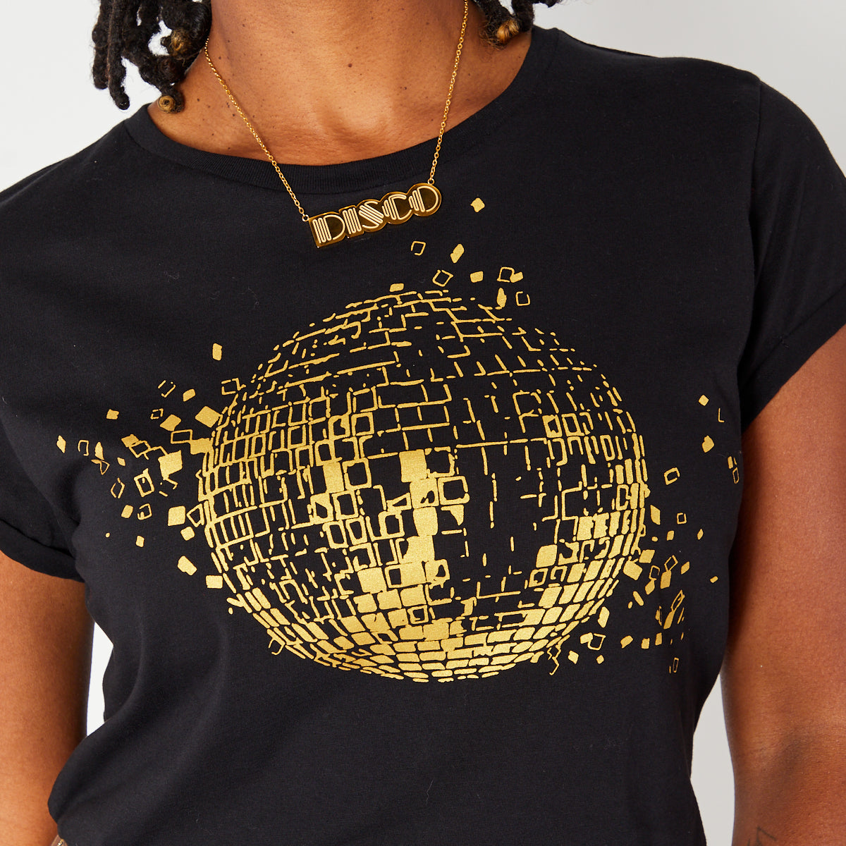 Womens black tshirt with gold discoball design - Disko Kids