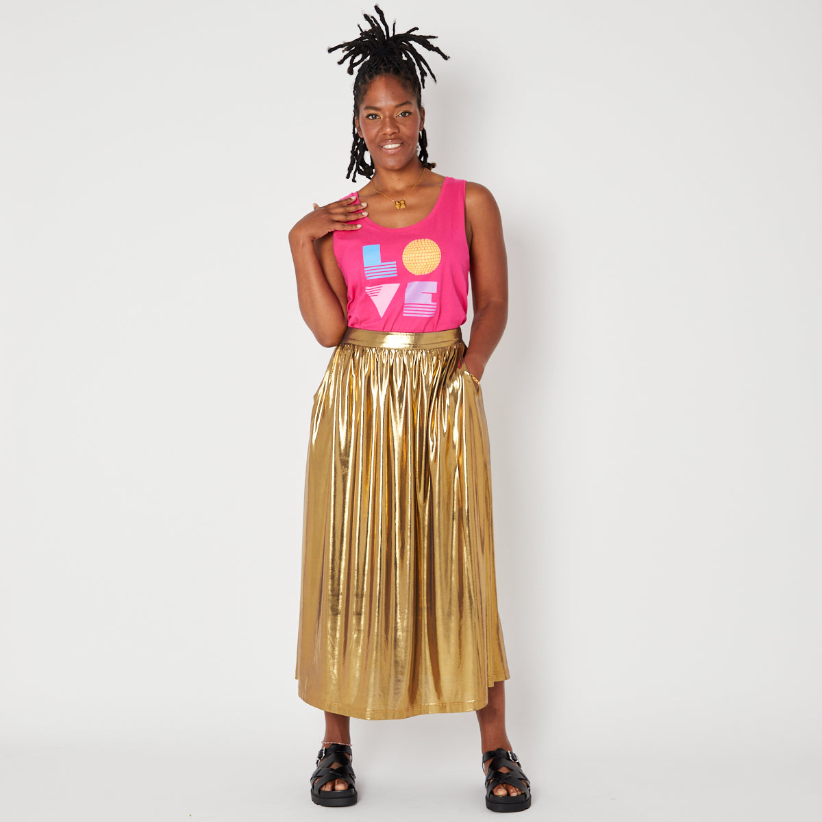 Hot Pink Patti Vest Rainbow Love design Disko Kids Womenswear Metallic Gold Skirt