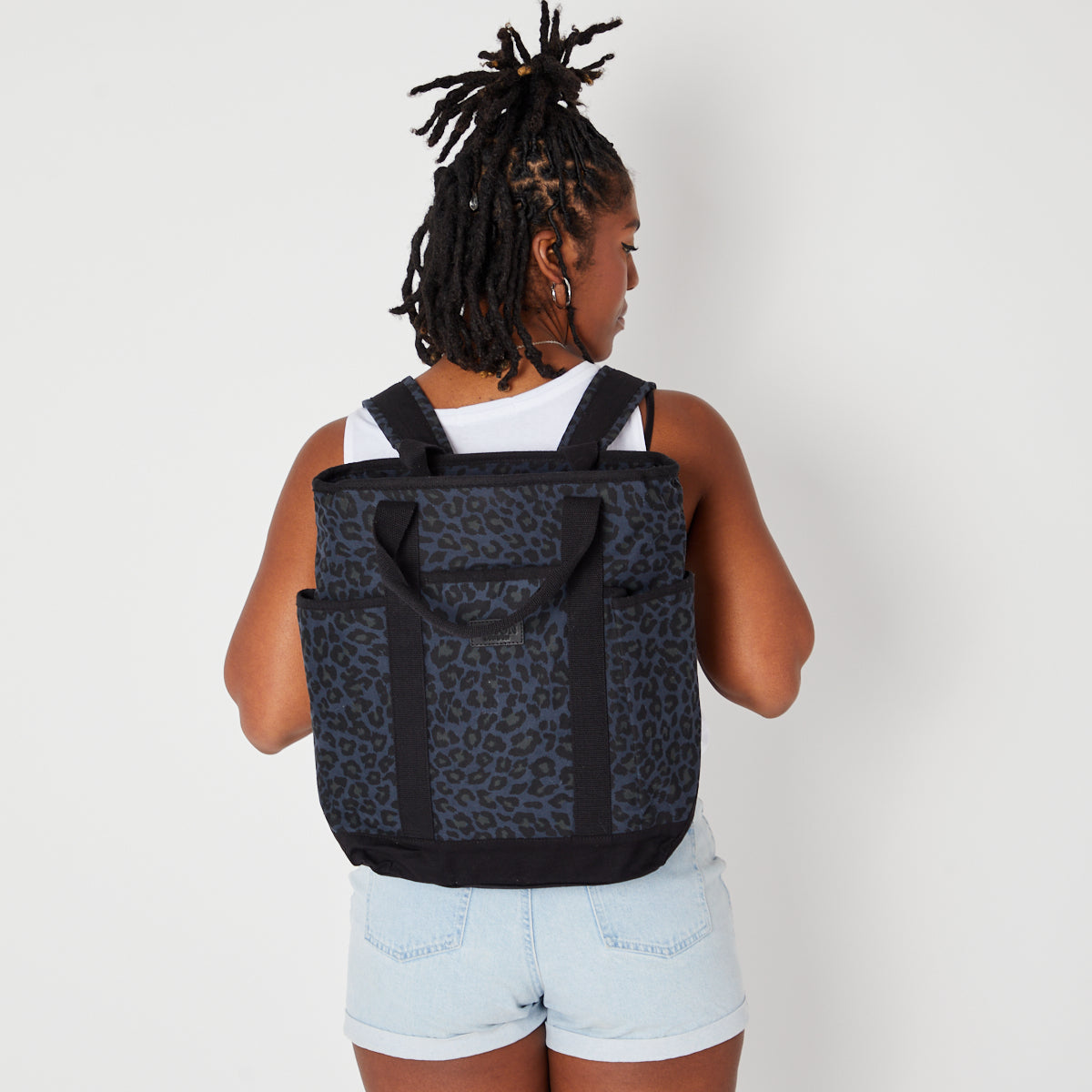 denim blue leopard fabric backpack