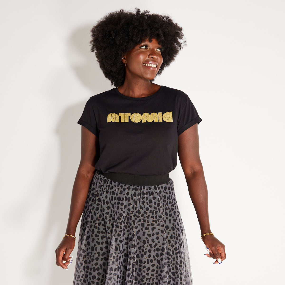 Atomic Disko Kids Womens Tshirt Black and Gold Blondie