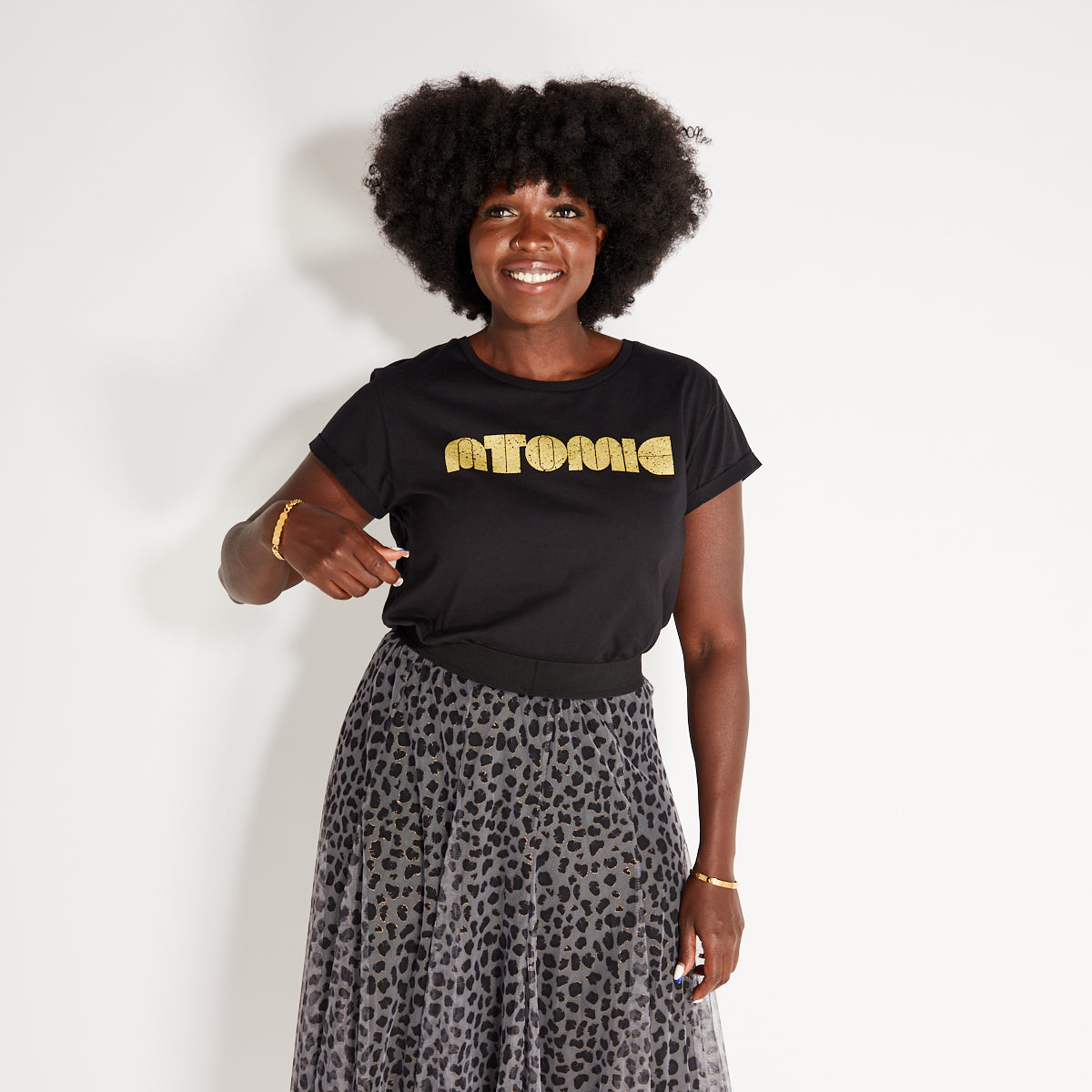 Atomic Disko Kids Womens Tshirt Black and Gold Blondie