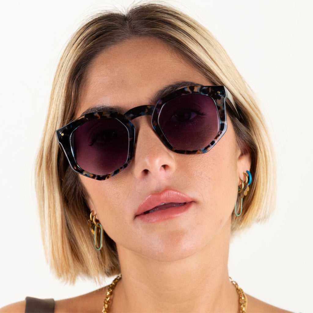 Blue Tortoiseshell Hexagonal Frame Sunglasses Audrey