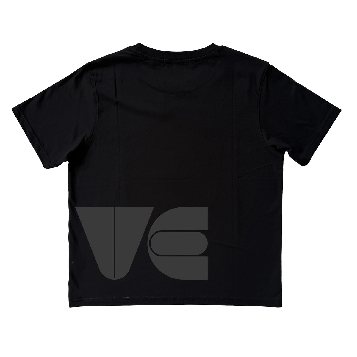 Black t-shirt with a logo on the back against a white background
