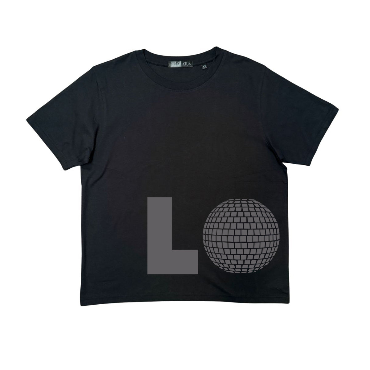 Black t-shirt with a disco ball graphic on a white background