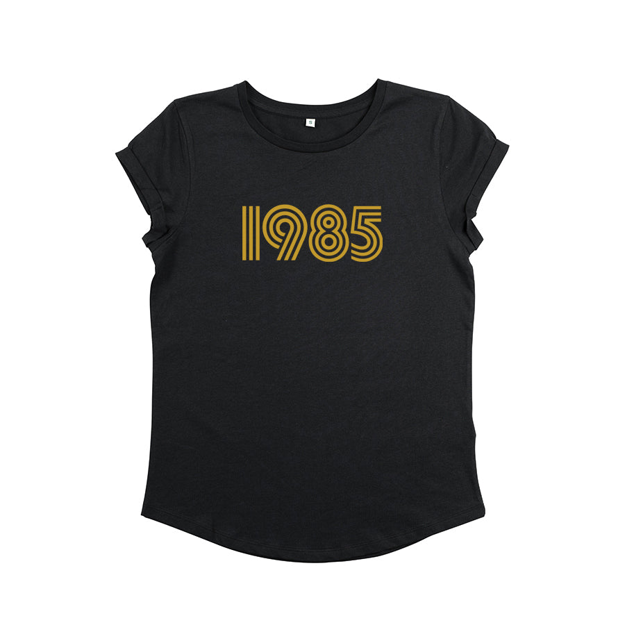 Womens 1985 black tshirt with gold print - Disko Kids