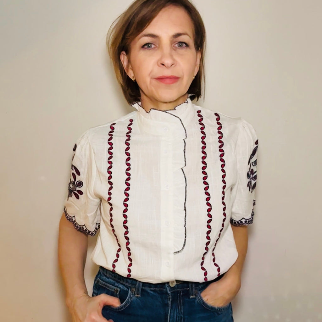 White Short Sleeve Embroidered Shirt