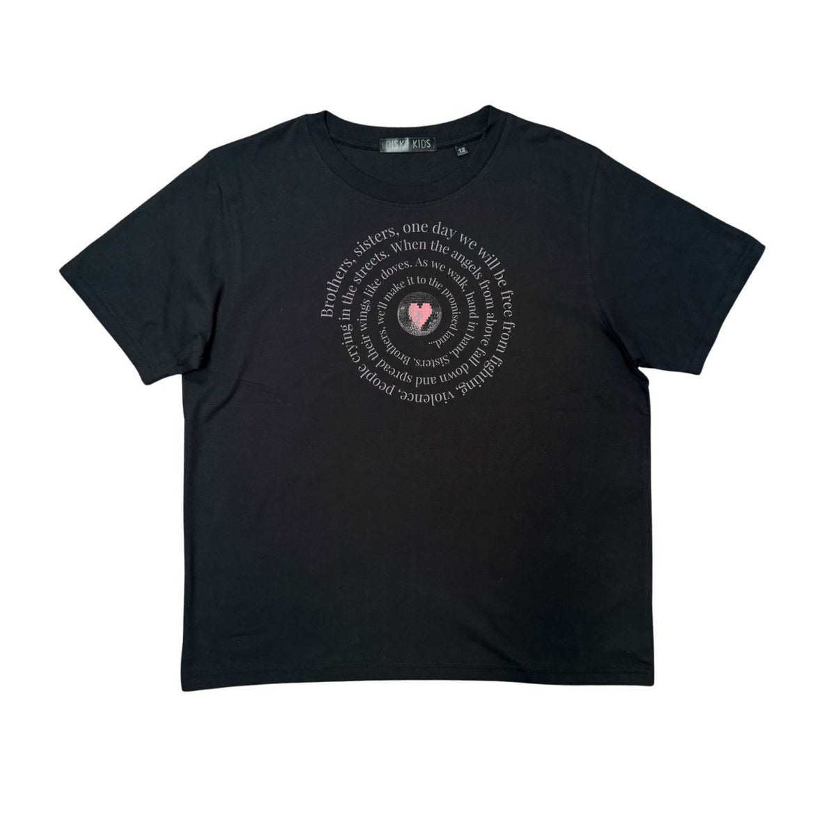 Brothers, Sisters Promised Land graphic design tshirt with white & pink ink- Disko Kids