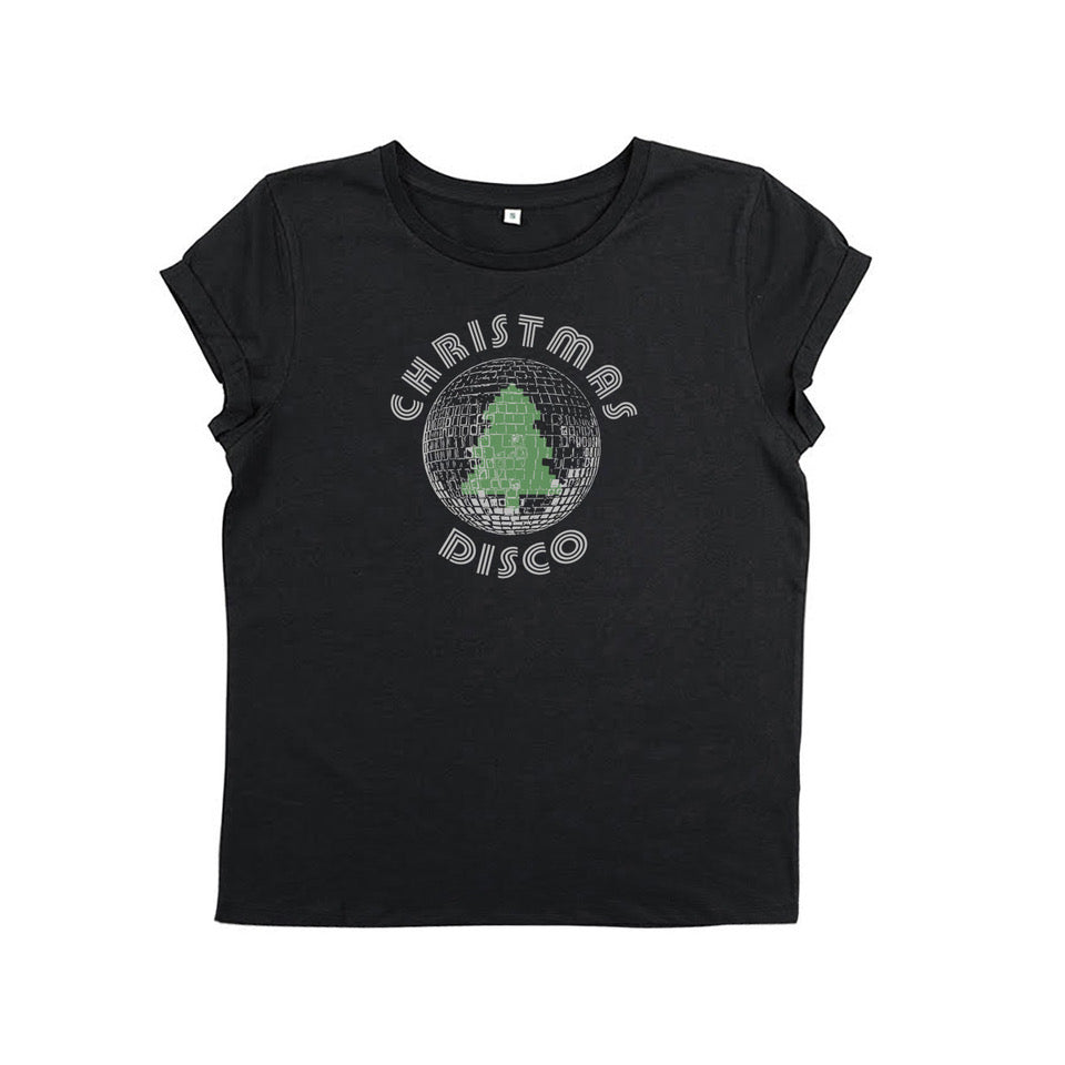A black short-sleeve t-shirt with a 'Christmas Disco' graphic on the chest, featuring a green Christmas tree inside a disco ball with silver text, shown on a plain white background.