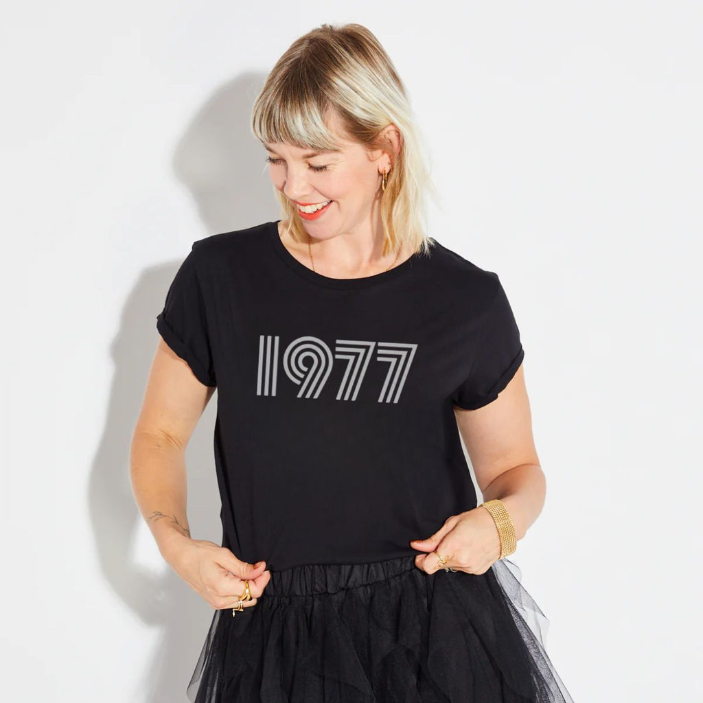 Womens 1977 black tshirt with silver print - Disko Kids