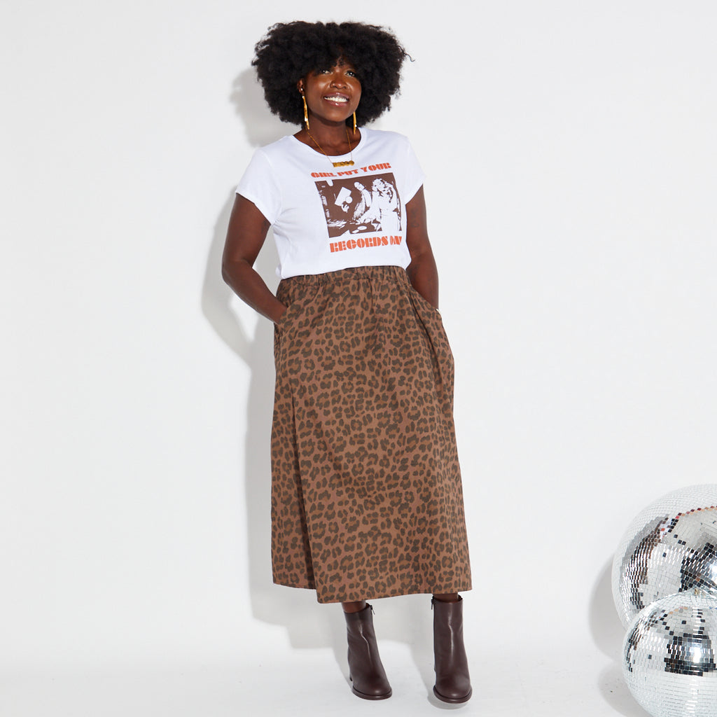 Elasticated brown leopard print skirt with white Disko Kids tshirt