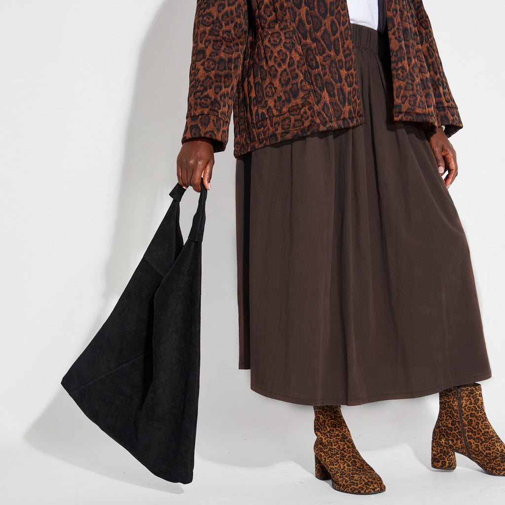 a chocolate brown A line midi skirt leopard print quilted jacket disko kids