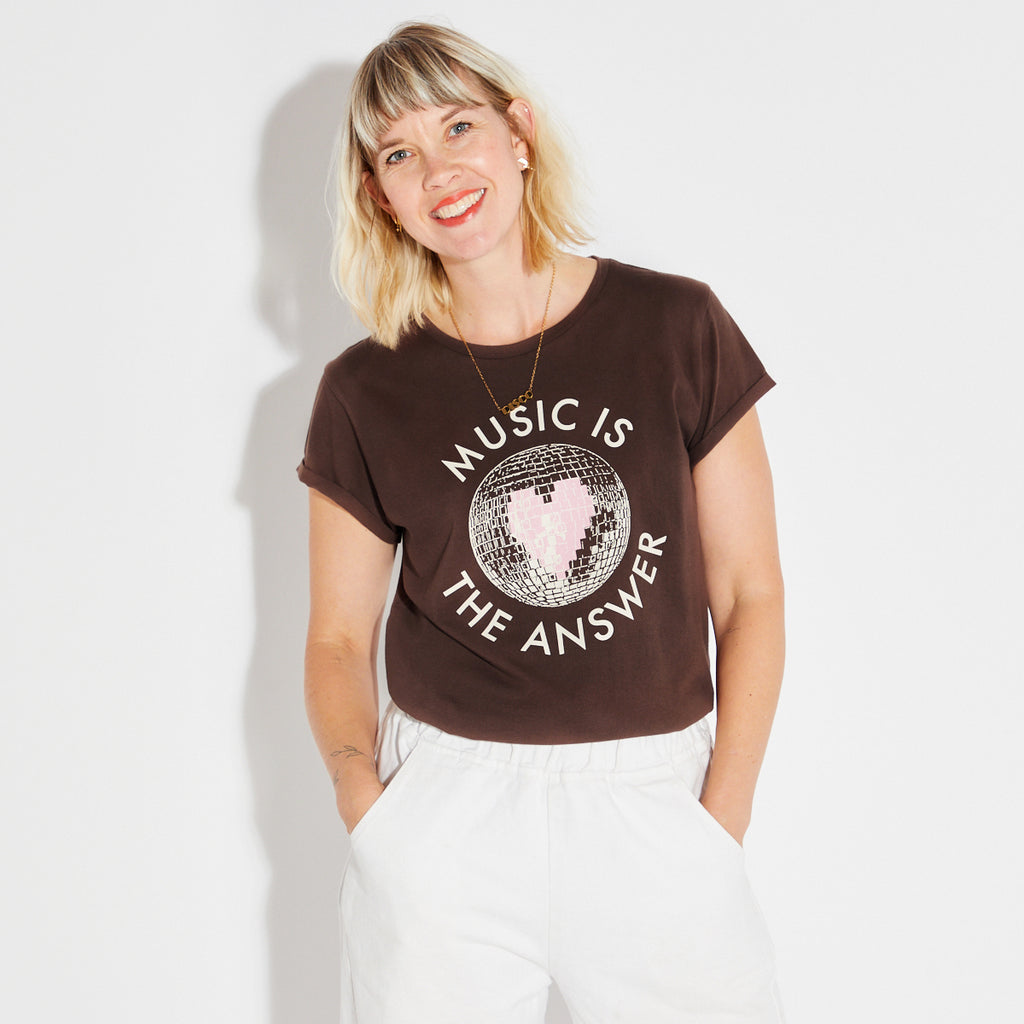 Disko Kids Graphic Disco Ball Music is the Answer Chocolate Tshirt 