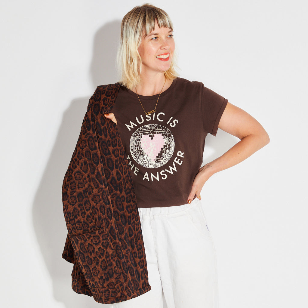 Disko Kids Graphic Disco Ball Music is the Answer Chocolate Tshirt 