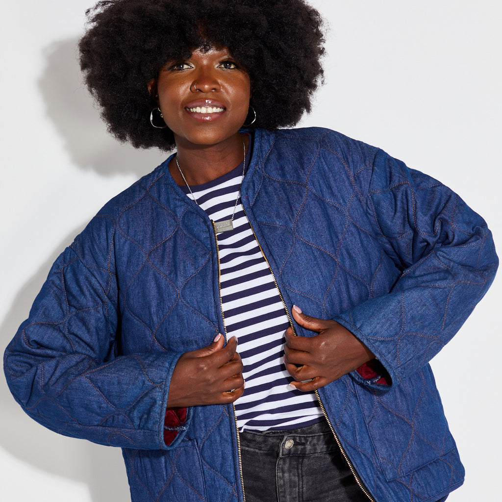 blue quilted denim jacket