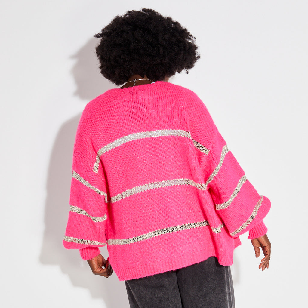 Womens Pink Knit Cardigan with Sparkly Stripes - Disko Kids
