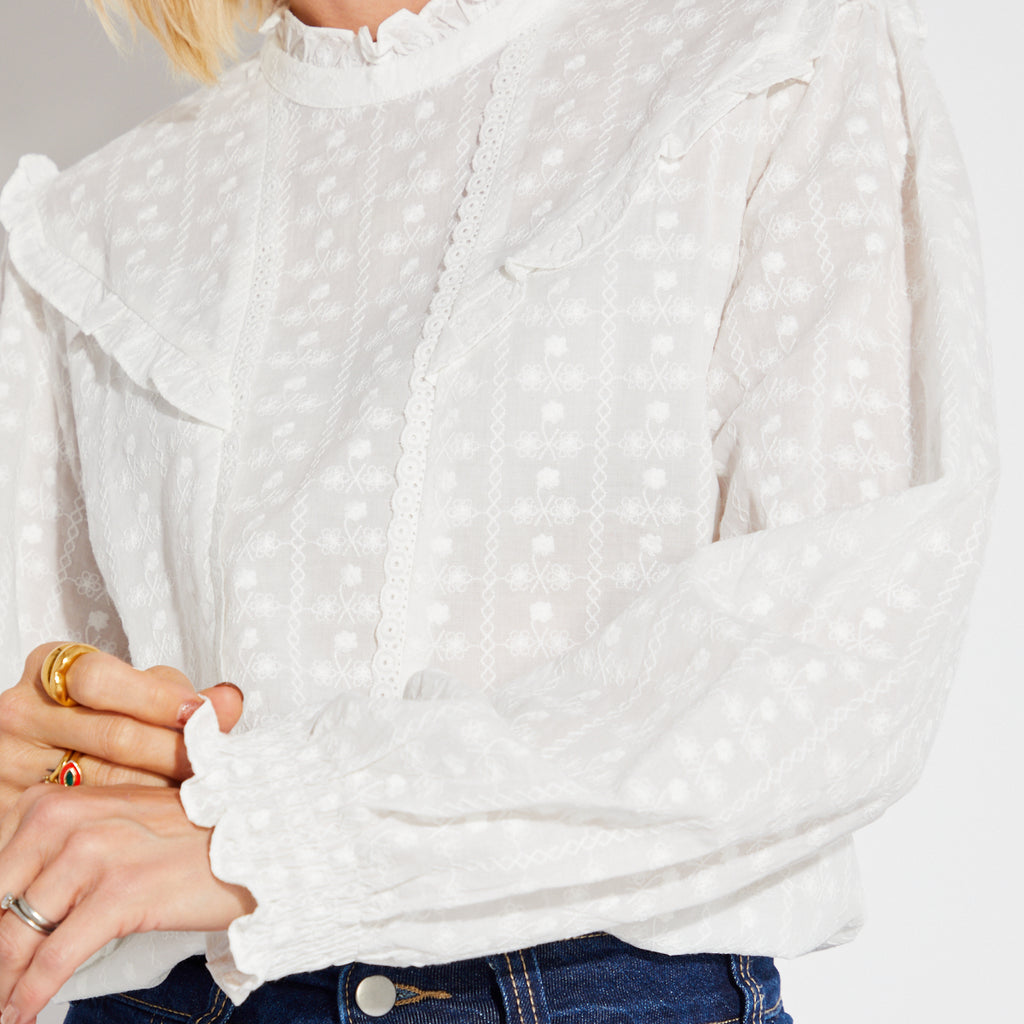 Person wearing a white blouse with ruffled details on a plain background
