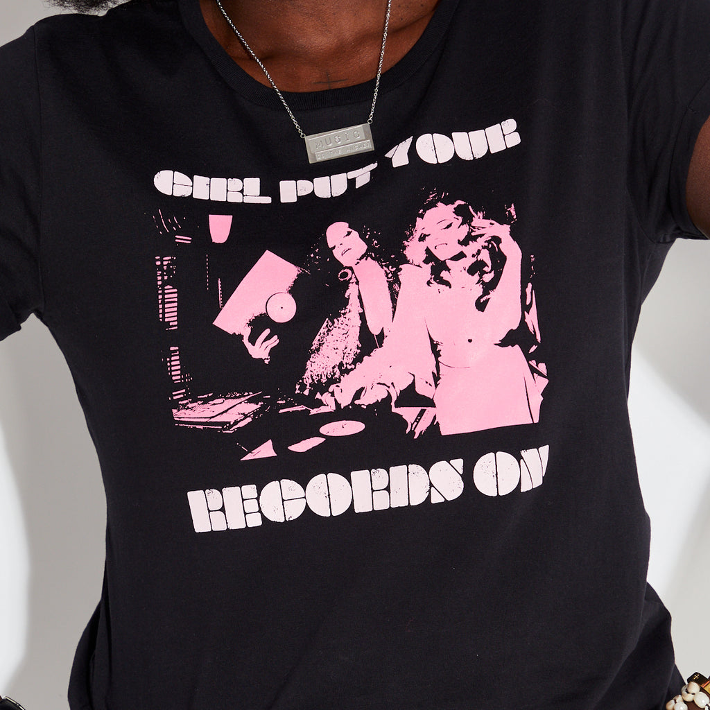 Disko Kids Girl Put Your Records On Graphic Tshirt in Black and Pink - Music inspired 