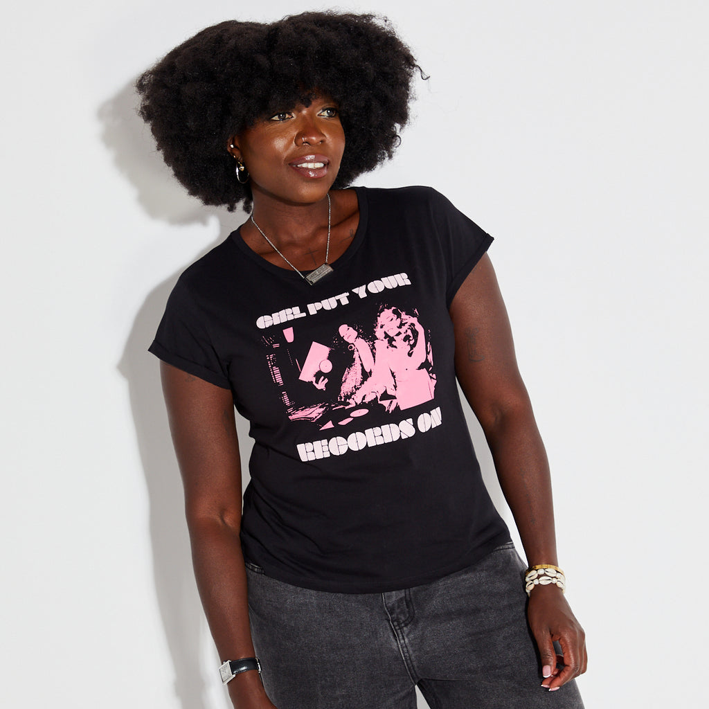 Disko Kids Girl Put Your Records On Graphic Tshirt in Black and Pink - Music inspired 