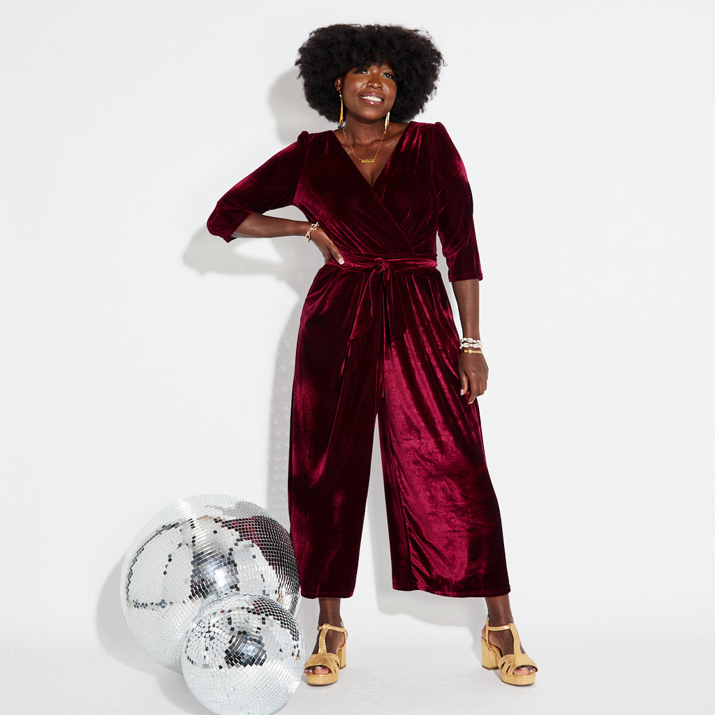 berry red wide leg v neck jumpsuit
