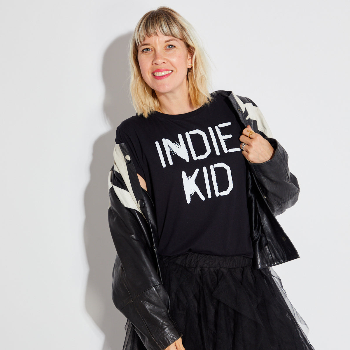 Womens black tshirt with white 'INDIE KID' print - Disko Kids