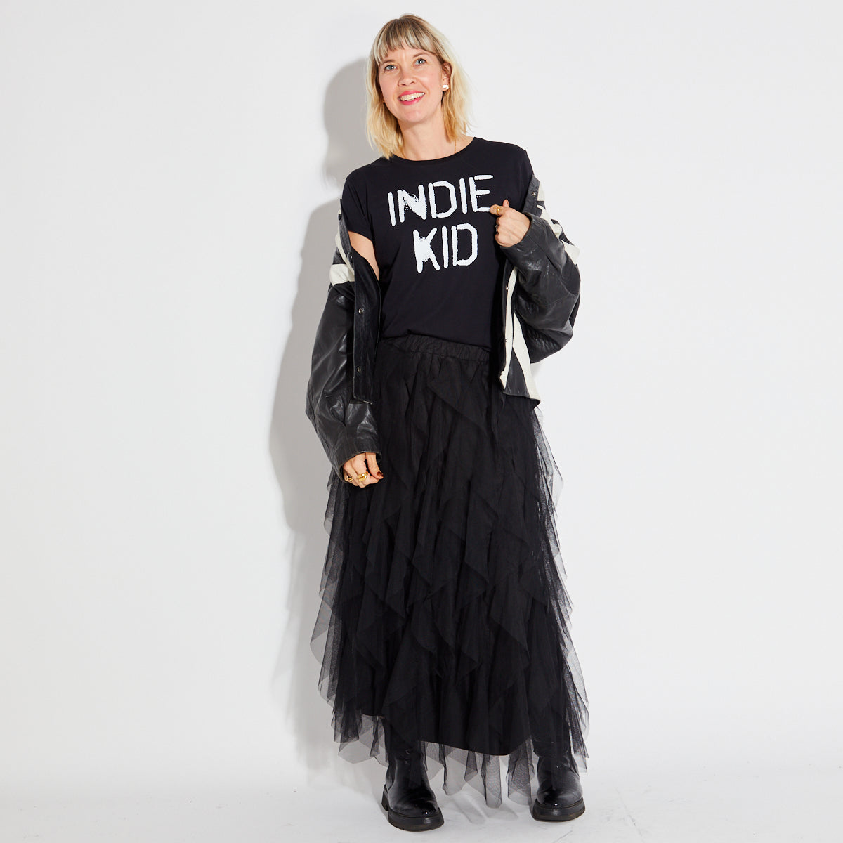Black 'INDIE KID' tshirt with a layered black tulle skirt 