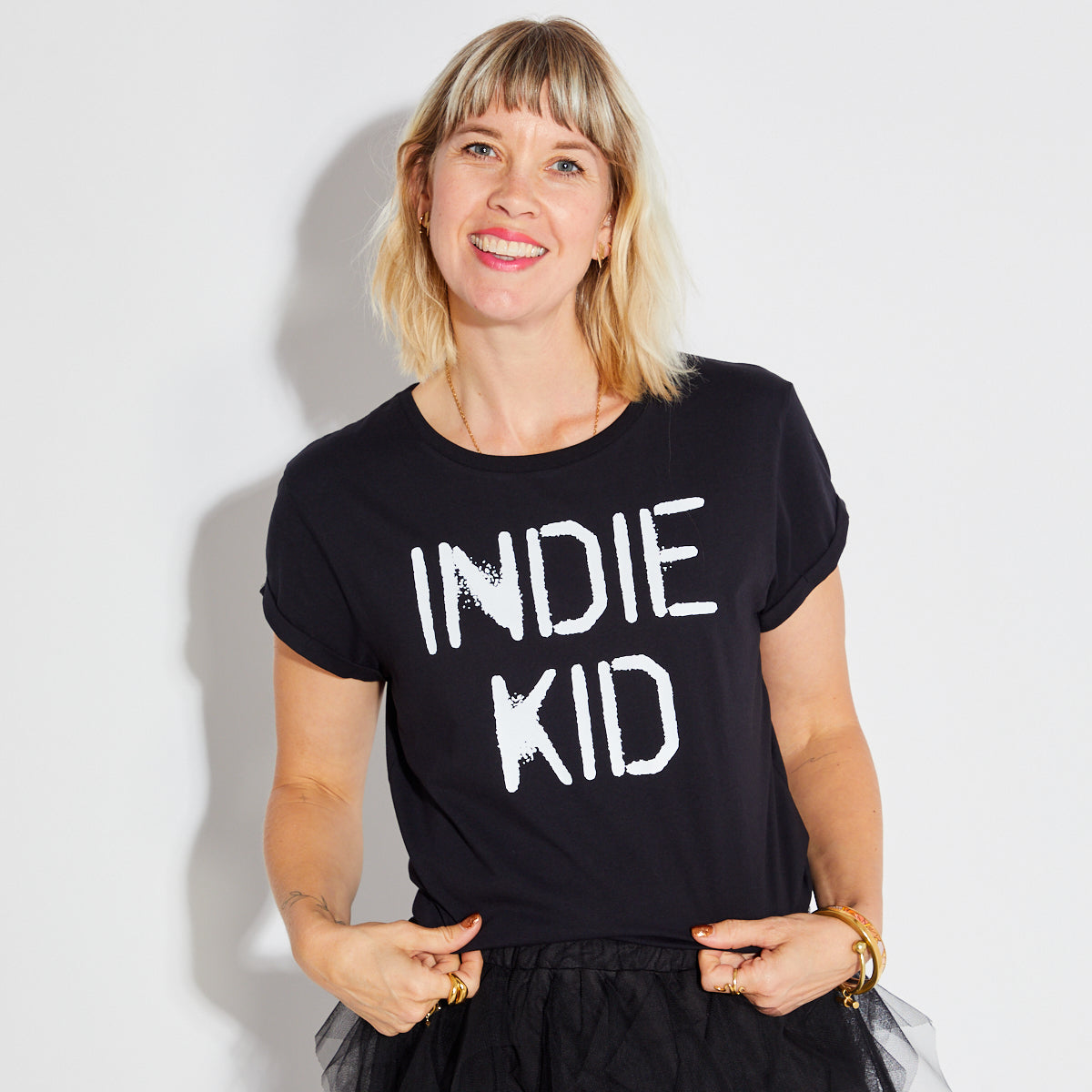 Womens black tshirt with white 'INDIE KID' print - Disko Kids