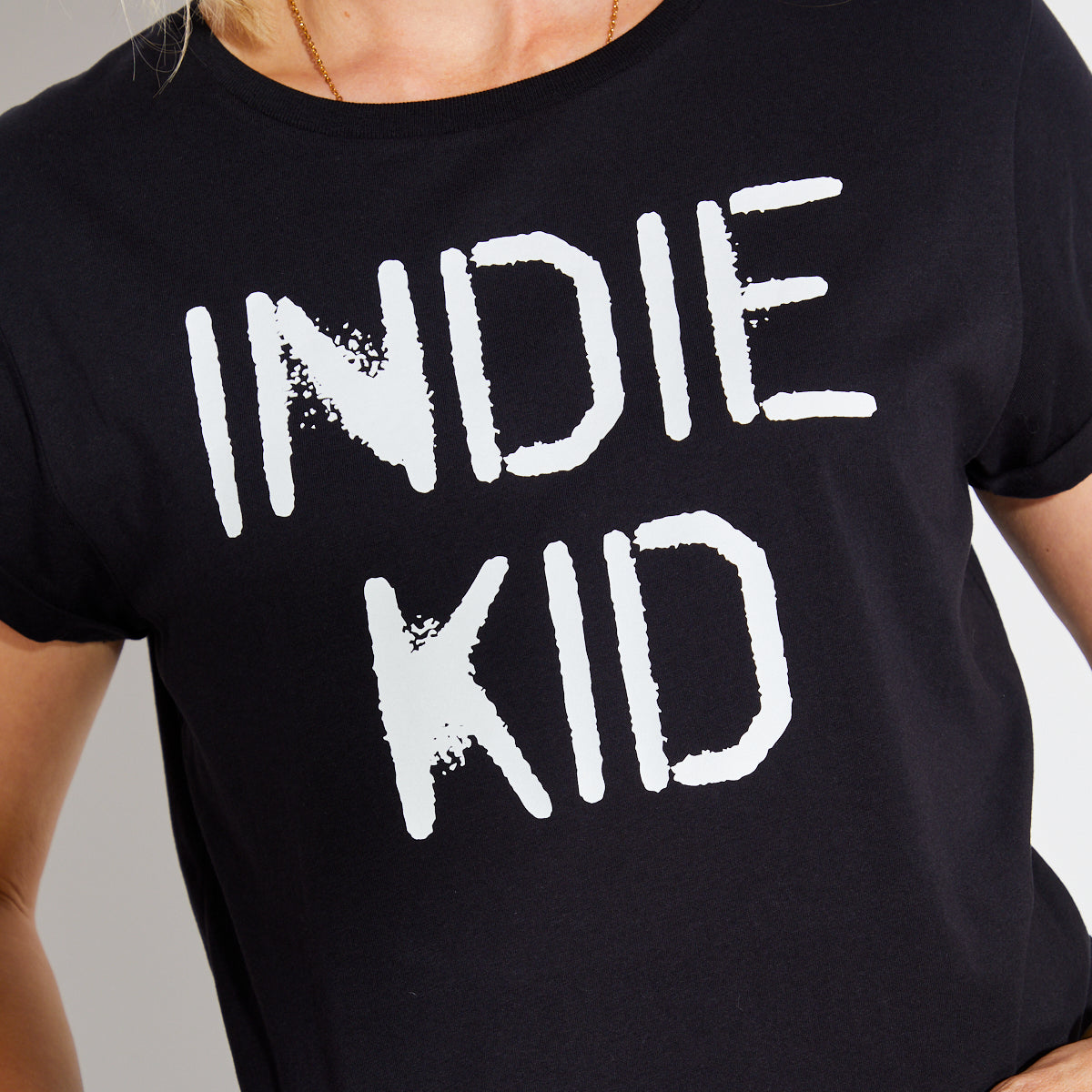Womens black tshirt with white 'INDIE KID' print - Disko Kids