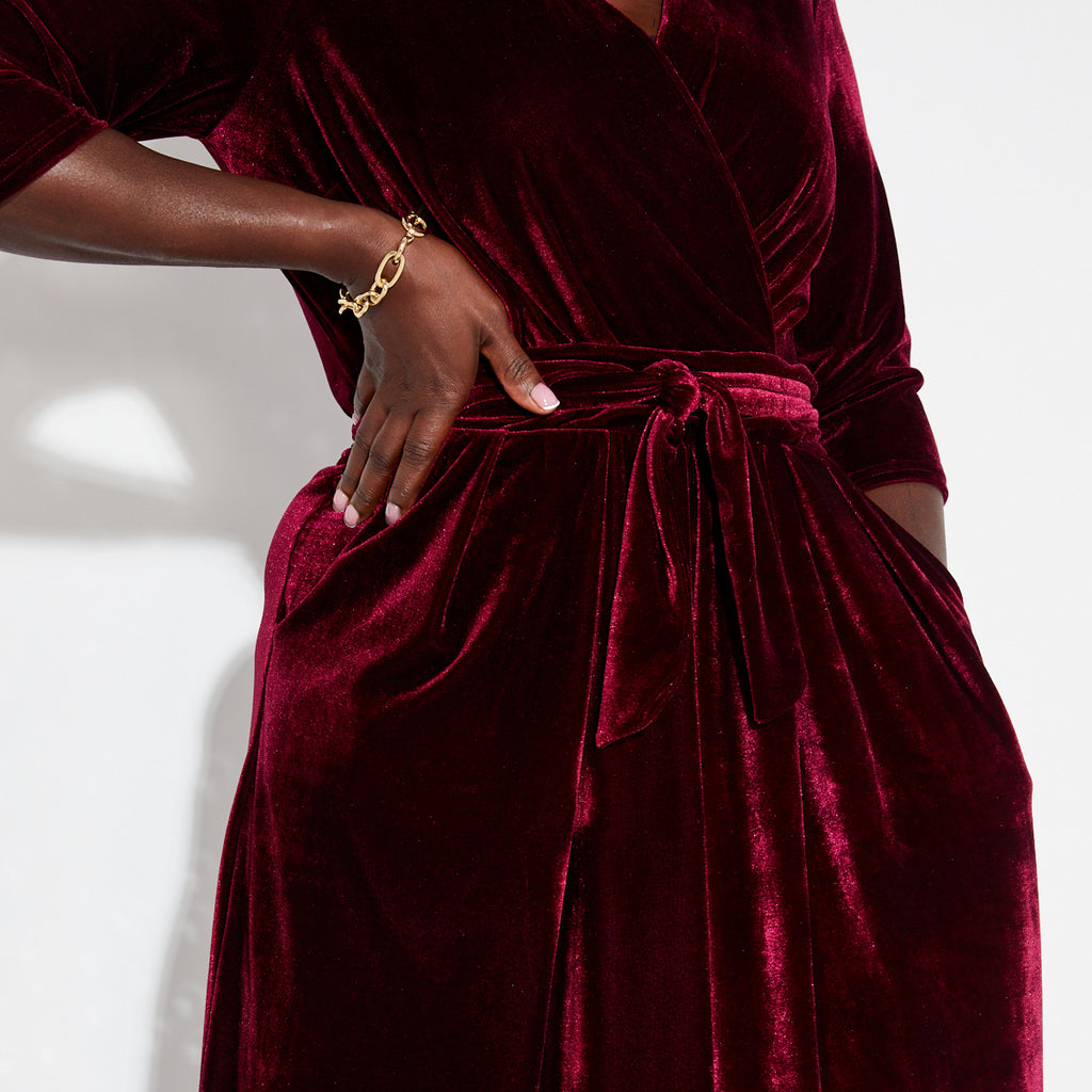 berry red wide leg v neck jumpsuit
