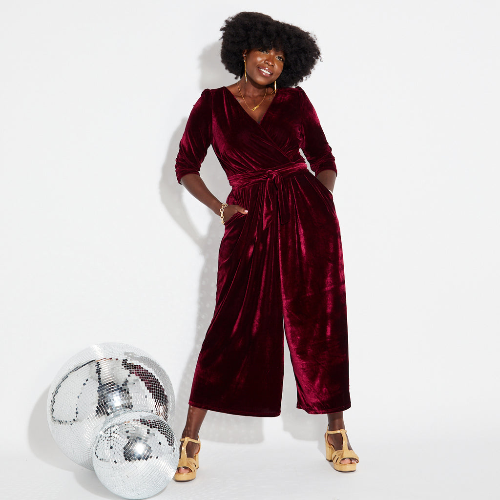 berry red wide leg v neck jumpsuit