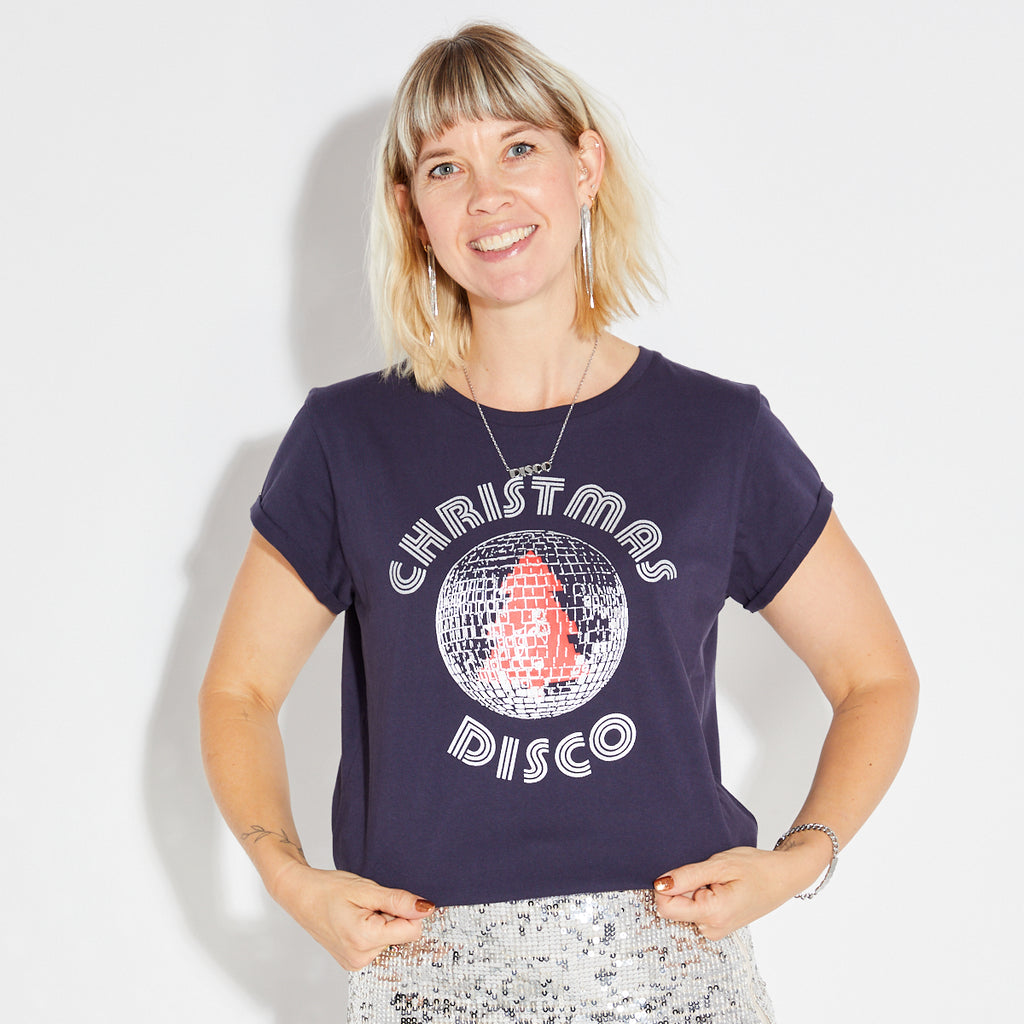 Disko Kids Christmas Disco Tshirt Navy Silver Womens Partywear