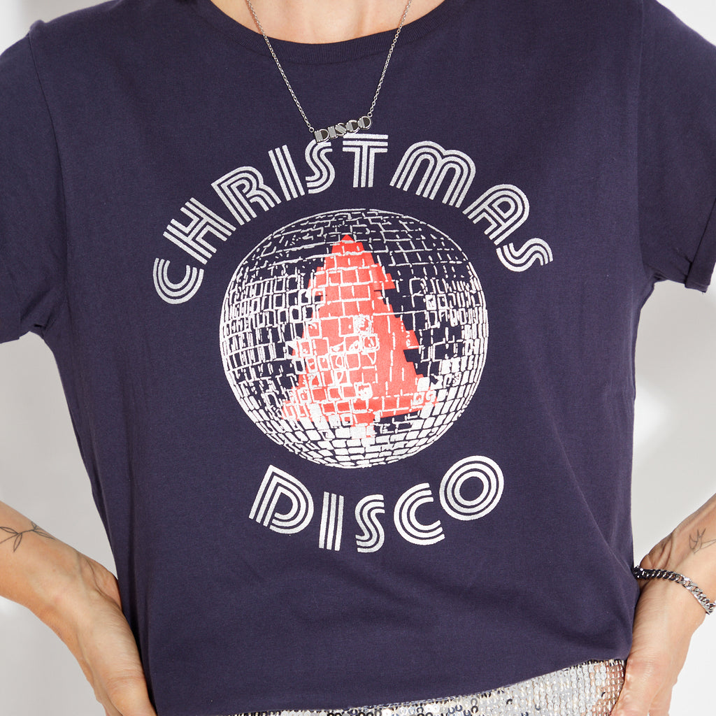 Disko Kids Christmas Disco Tshirt Navy Silver Womens Partywear