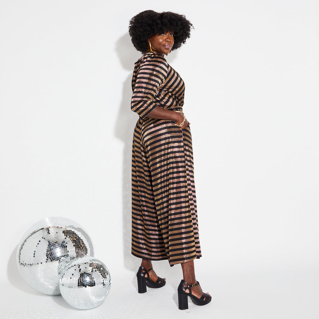 Disko Kids black and gold striped wide leg v neck jumpsuit disco retro 