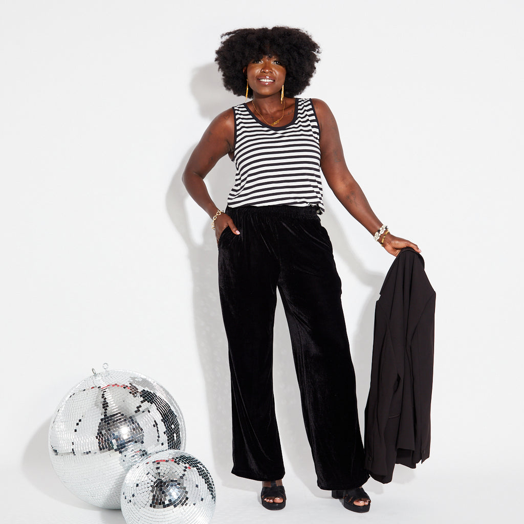 Black Disko Kids velvet trousers with side stripe