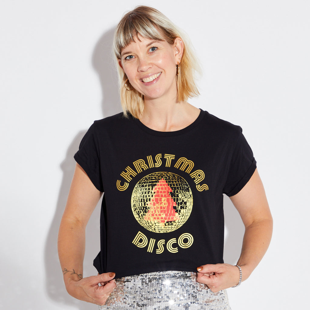 Disko Kids christmas disco tshirt disco ball tree black & gold womens partywear