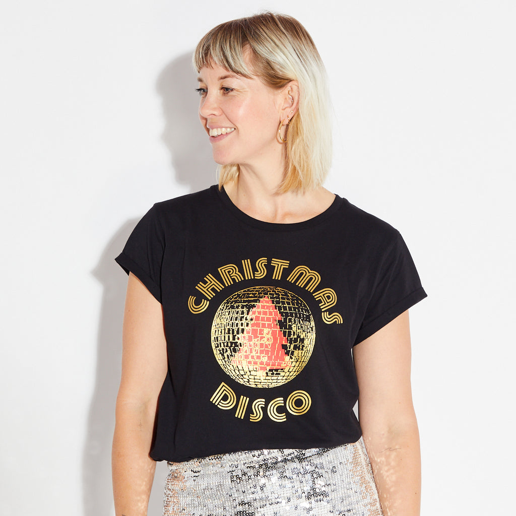 Disko Kids christmas disco tshirt disco ball tree black & gold womens partywear