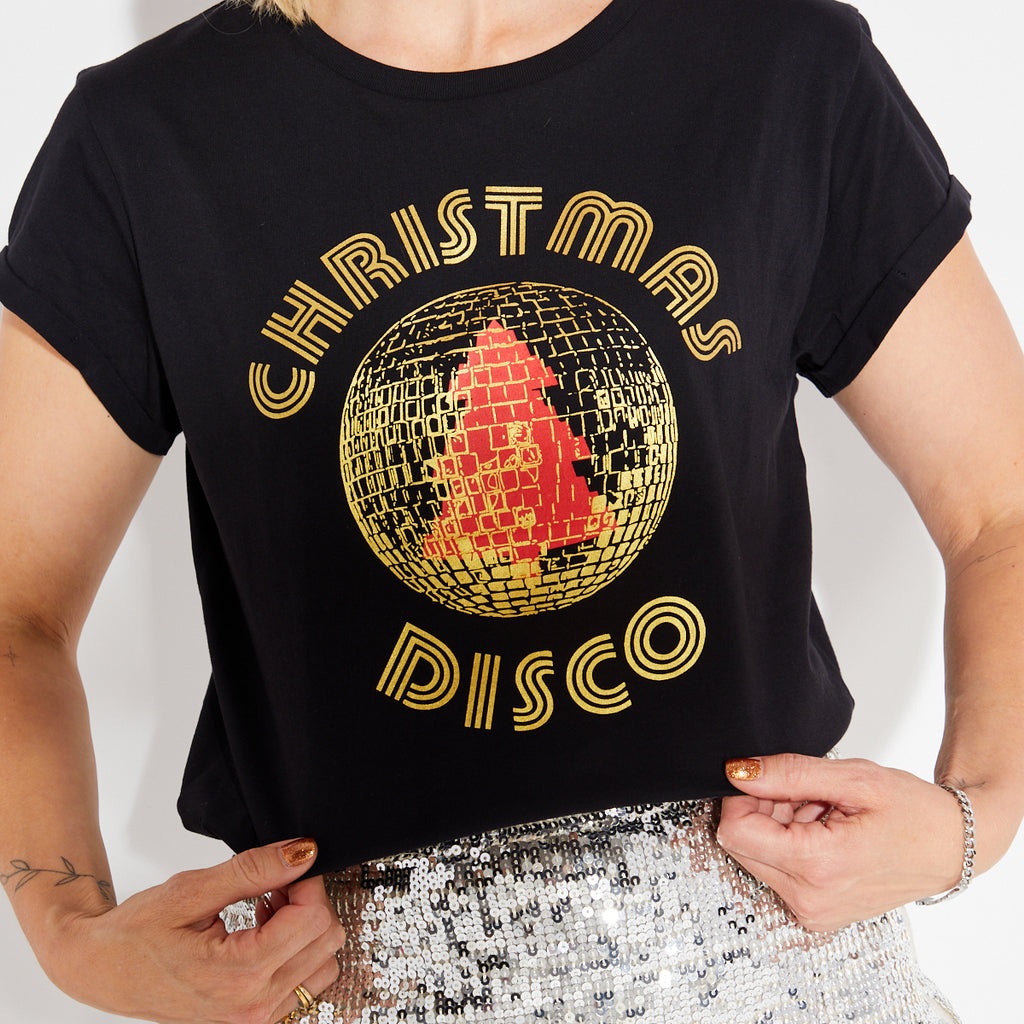 Disko Kids christmas disco tshirt disco ball tree black & gold womens partywear